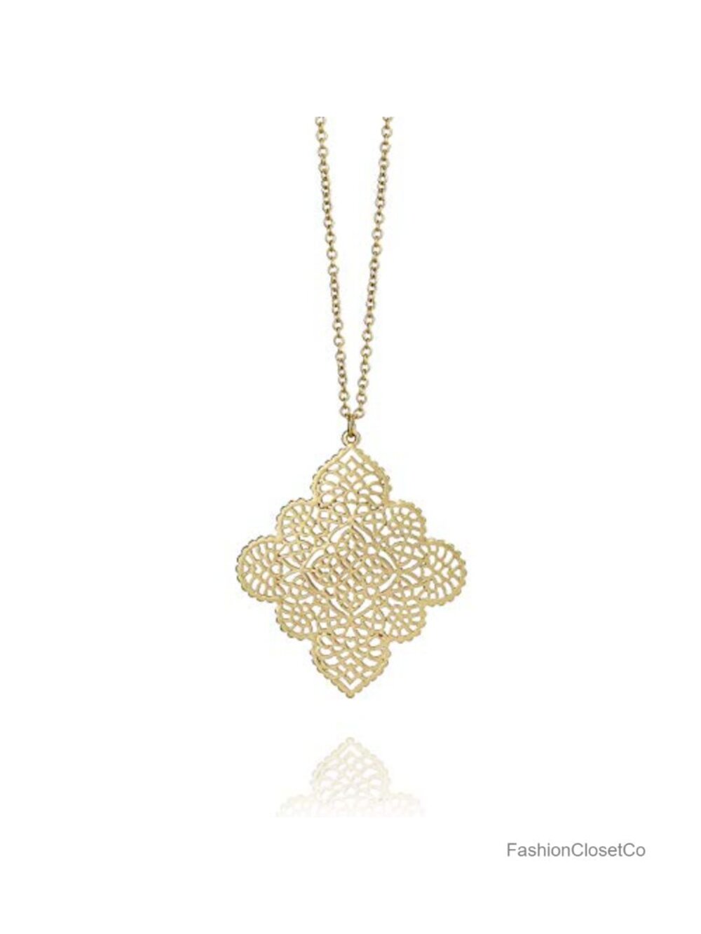 Gold Plated Geometric Leaf Filigree Long Pendant Necklace 32 Inch for Women